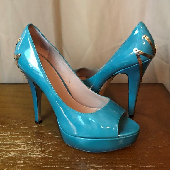 Vince Camuto "Mayna" Teal Peep Toe Heels - Picture 1 of 9